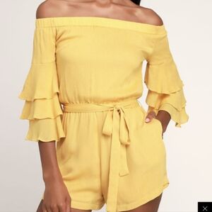 Lulus Santa Ana Yellow Off-the-Shoulder Flounce Sleeve Romper